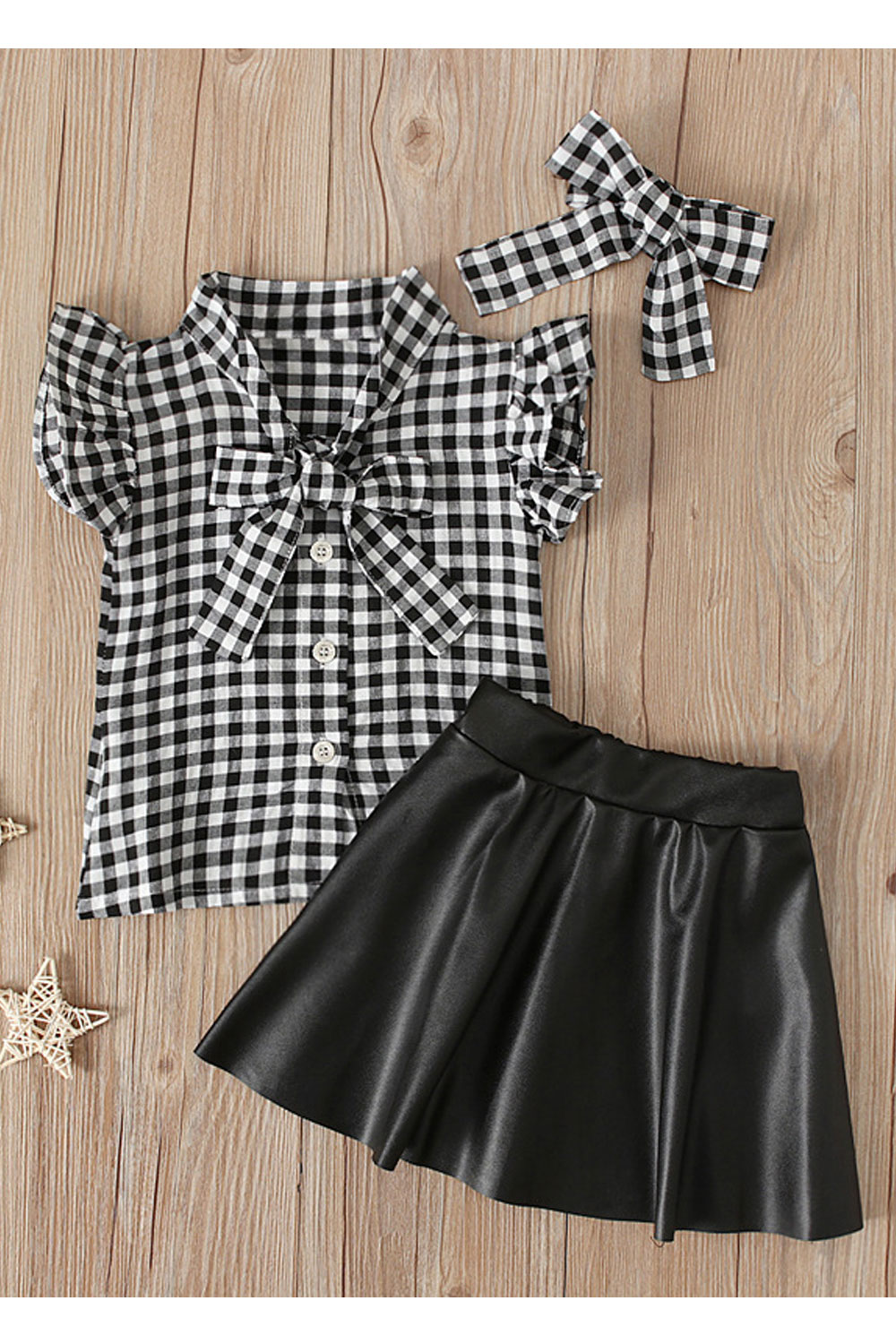 Ketty More Kids Girls New Summer Plaid Small Flying Sleeve Top+ black leather skirt Two-Piece Set