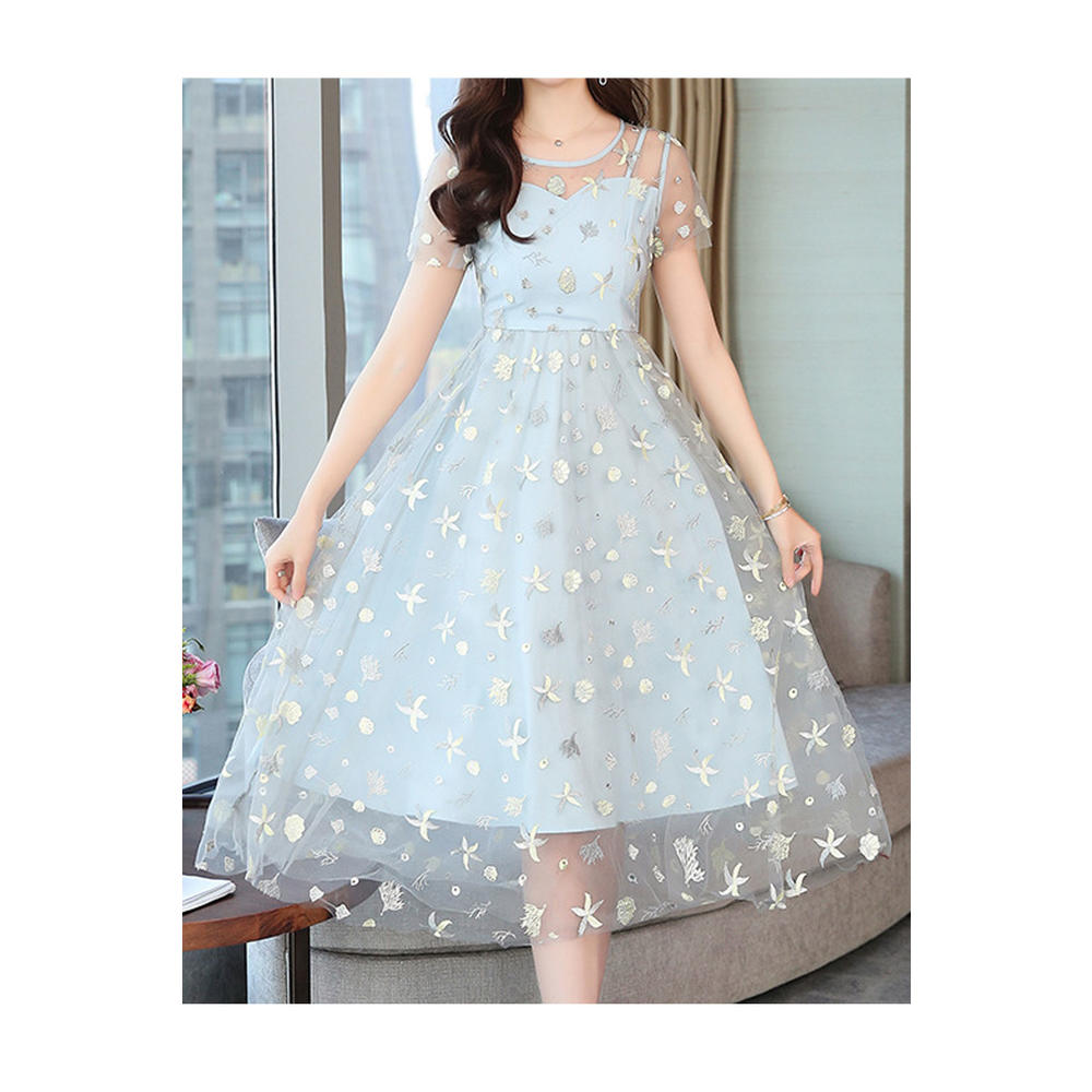 Ketty More Women Splendid Sequin decorated Short Sleeve Round Neck Amazing A-Line Evening Party Skirt Dress