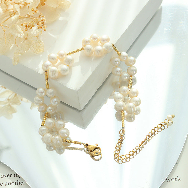 Kim Thomas Freshwater Pearl Bracelet Flower Shape Titanium Steel Fashion Personality Bracelet For Women Trendy Jewelry