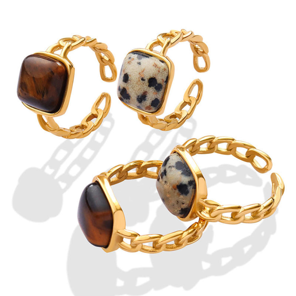 Kim Thomas Natural Stone Opening Rings Women Charm Titanium Steel Tiger Eye Stone Finger Ring 18K Gold PVD Plated Trendy Jewelry Gift