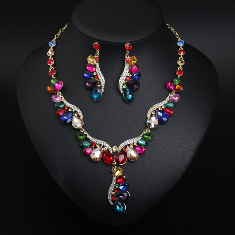 Kim Thomas European and American light luxury water drop gemstone short necklace earrings set clavicle dress banquet