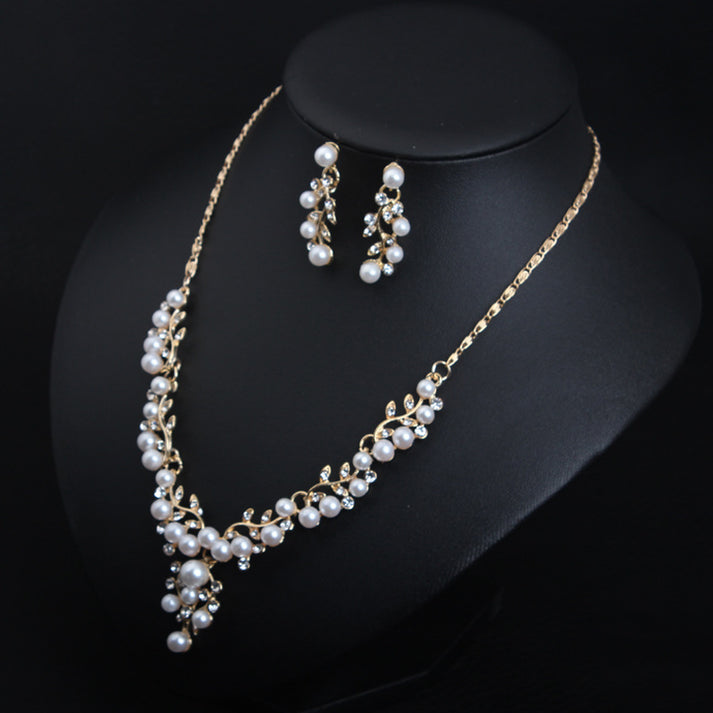 Kim Thomas Style simple rhinestone pearl necklace and earrings set feminine and versatile accessories