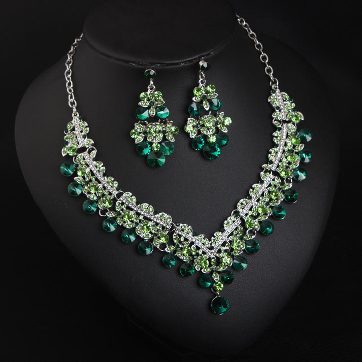 Kim Thomas Crystal Necklace Earrings Jewelry Set Bridal Wedding Party Green Shiny Exquisite for Dates Parties