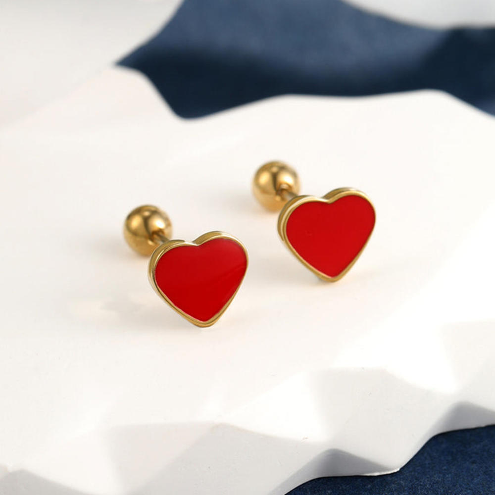 Kim Thomas Stainless Steel Epoxy Red Heart-Shaped Screw Needle Earplug-Free Earrings