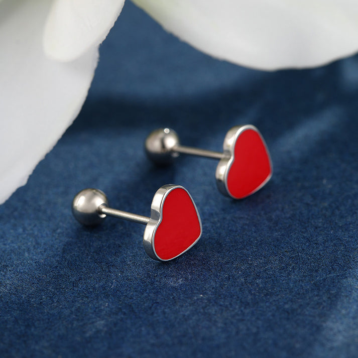 Kim Thomas Stainless Steel Epoxy Red Heart-Shaped Screw Needle Earplug-Free Earrings