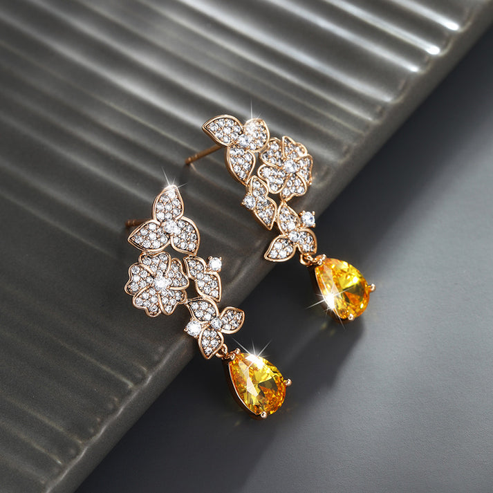 Kim Thomas Jewelry Plant Flower Fashion Retro Drop-Shaped Earrings Feminine Light Luxurious Artificial Stone Earrings