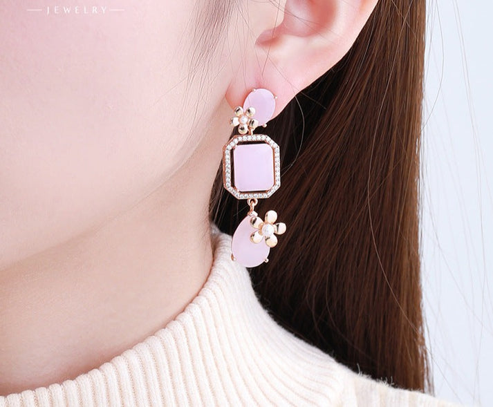 Kim Thomas Cross-Border Jewelry Pink Geometric Imitation Jade Flower Style High-Quality Earrings