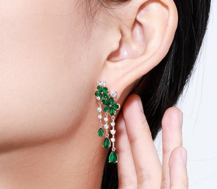 Kim Thomas Caibao series spring-filled green flower tassel earrings for women, smart fairy, high-end retro temperament