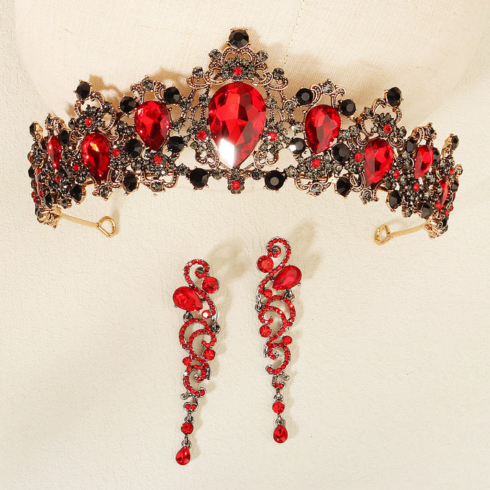 Kim Thomas Halloween jewelry set, women's prom dress, retro baroque red and black crystal crown earrings two-piece set