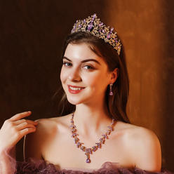 Kim Thomas wedding bridal jewelry set wedding accessories high-end purple crystal necklace earrings crown three-piece set