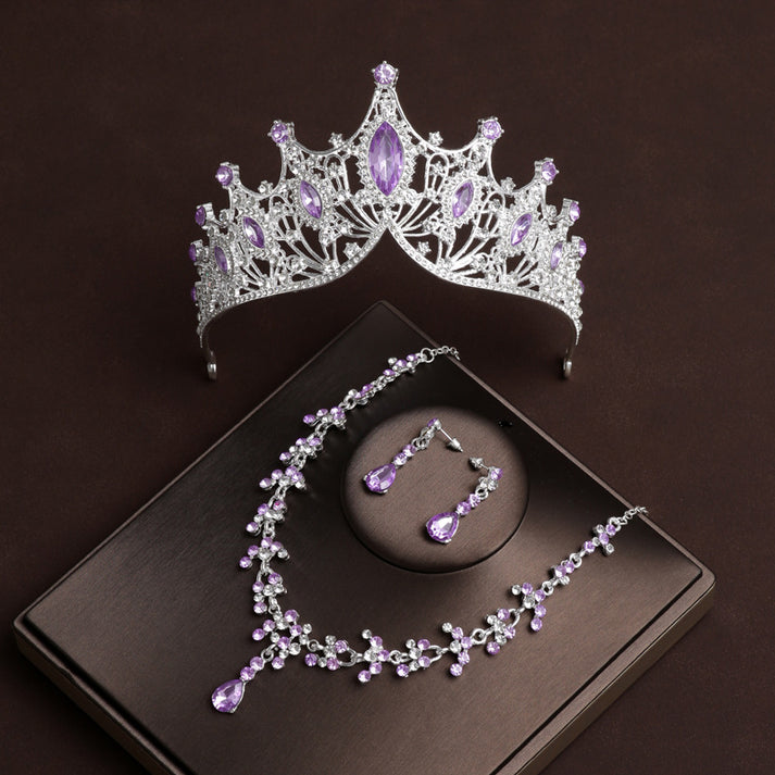 Kim Thomas Purple Diamond Crown Wedding Bridal Tiara Dress Necklace Three-piece Wedding Accessories