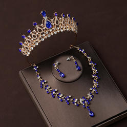 Kim Thomas Blue Diamond Bridal Jewelry Necklace Earrings Set Wedding Crown Three-Piece Set Accessories
