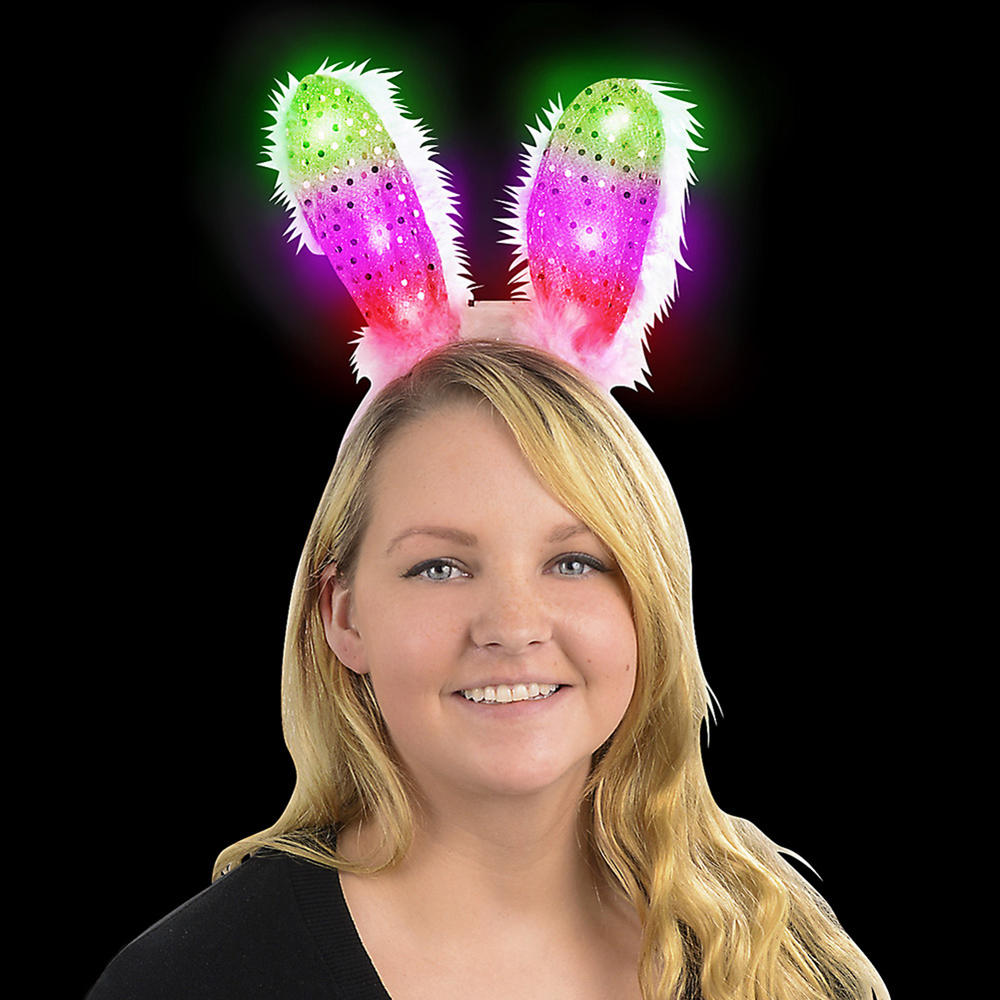 Rinco Light Up Sequin Bunny Ear LED Headband, White Pink, One Size