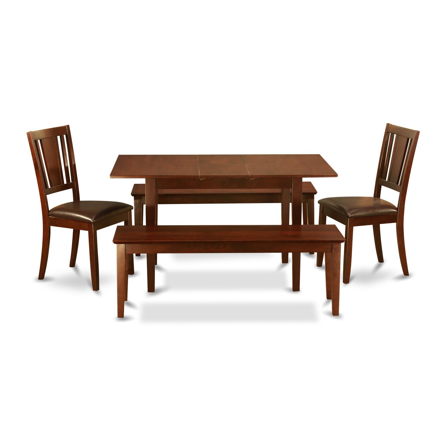 East West Furniture NODU5C-MAH-LC 5 PC Small Kitchen table set - Table with Leaf plus 2 Kichen Chairs and 2 Benches