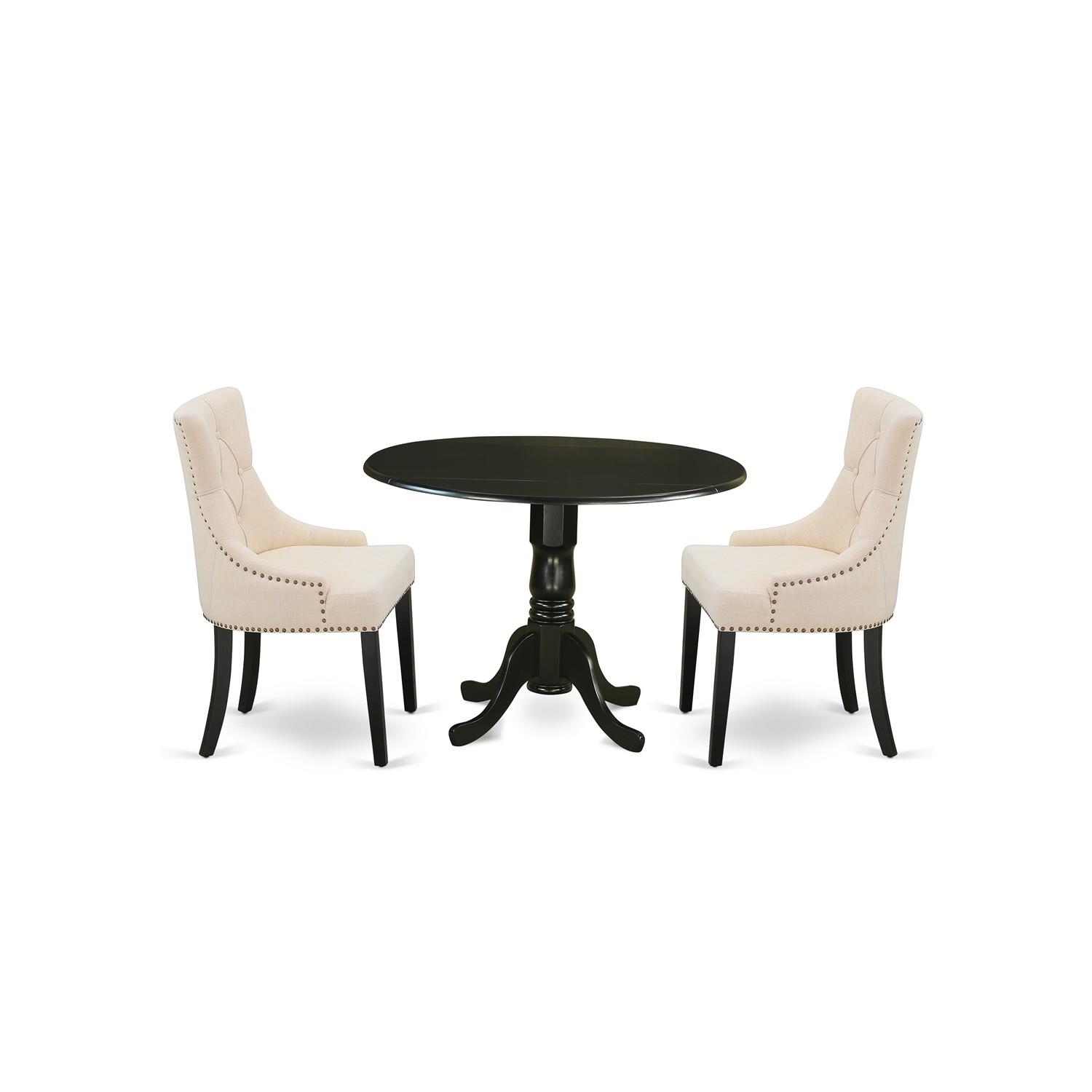 East West Furniture DLFR3-BLK-02 3Pc Dinette Set Includes a Rounded Kitchen Table with Drop Leaves and Two Parson Chairs with Light Beige Fabric, 