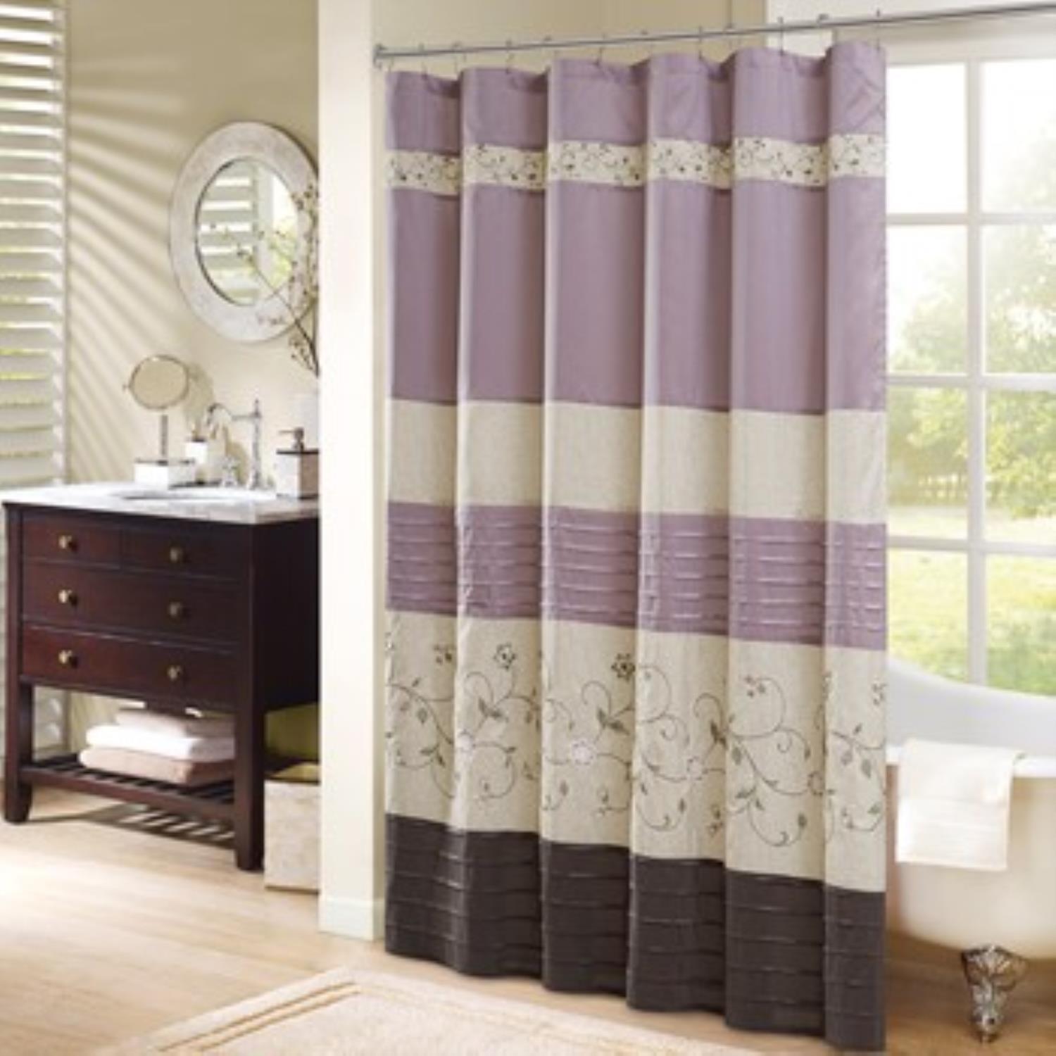 Olliix Madison Park Faux Silk Lined Shower Curtain w/Embroidery,MP70-3453