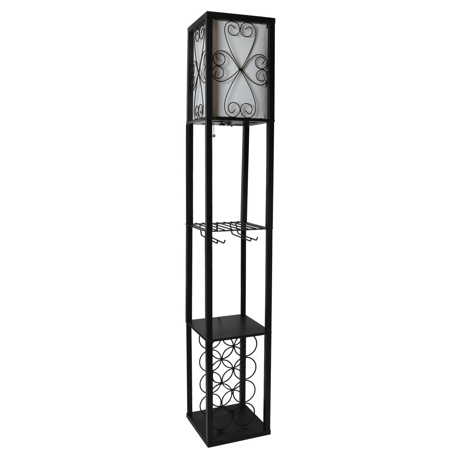 All The Rages Simple Designs LF1015-BLK Floor Lamp Etagere Organizer Storage Shelf & Wine Rack with Linen Shade&#44; Black