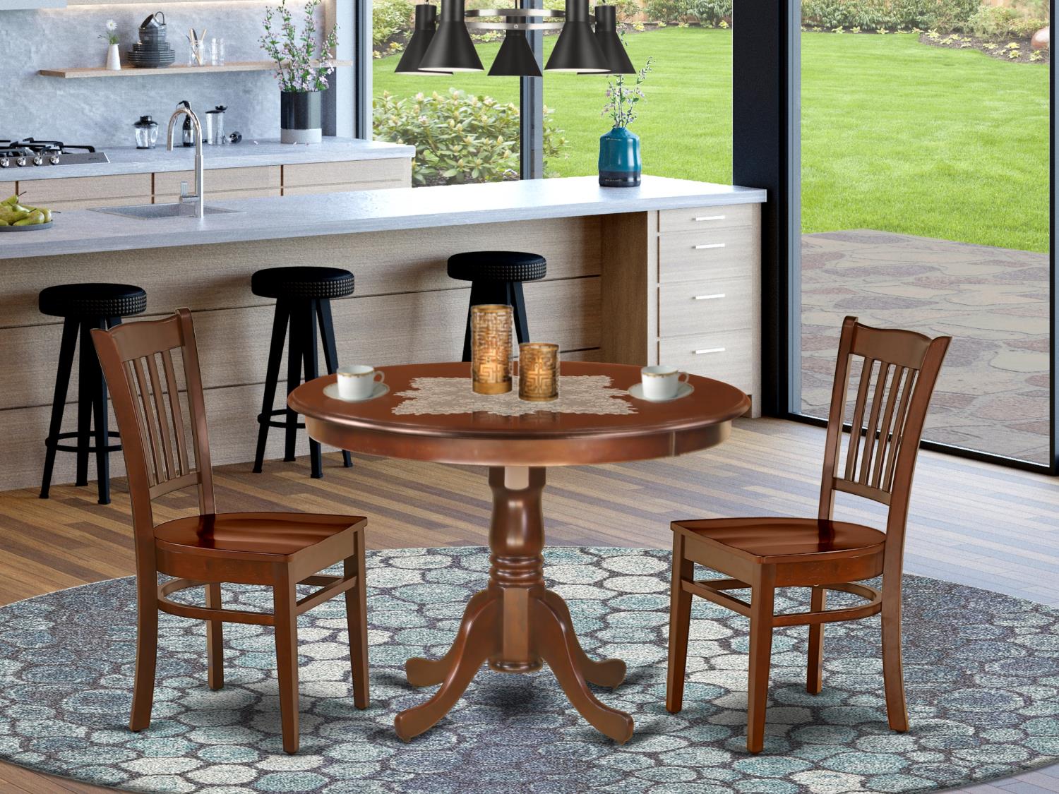 East West Furniture Hartland Wood 3-Piece Dining Set With Mahogany HLGR3-MAH-W