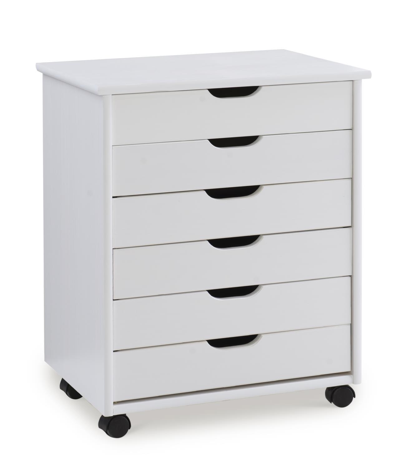 Linon Cary Six Drawer Wide Roll Cart, White Wash