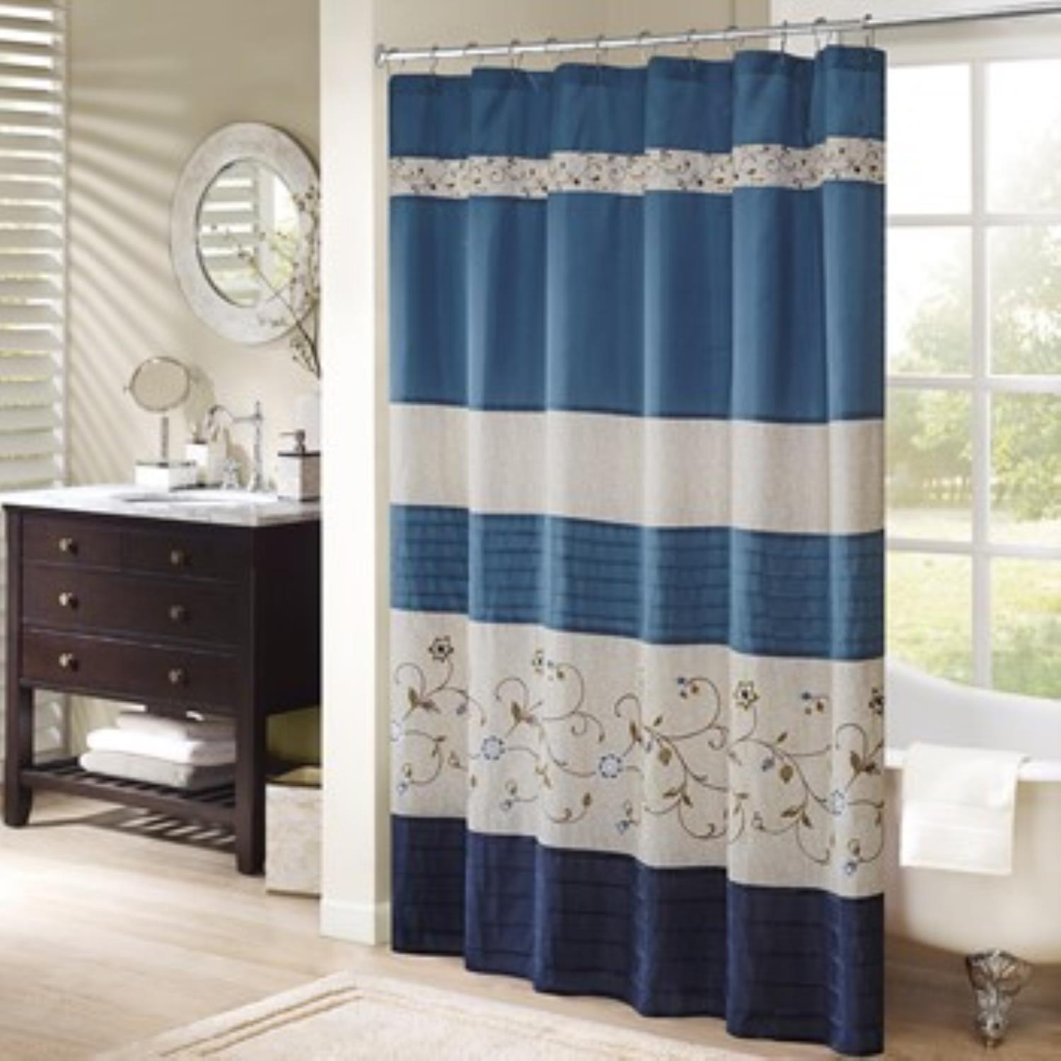 Olliix Madison Park Faux Silk Embroidered Floral Shower Curtain With Navy MP70-3452