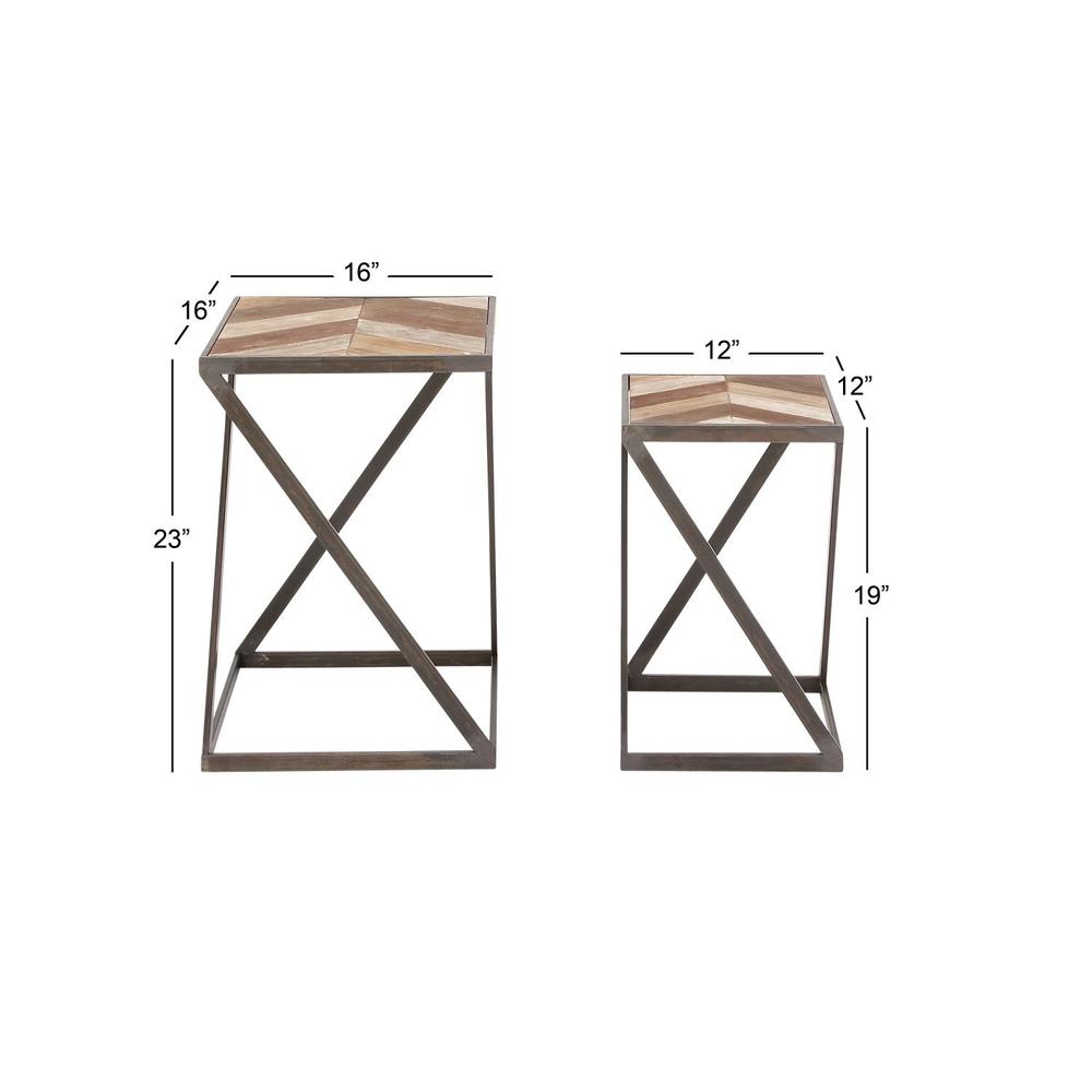 Zimlay Geometric Silver Metal And Parquet Wood Set Of 2 Accent Tables 47939