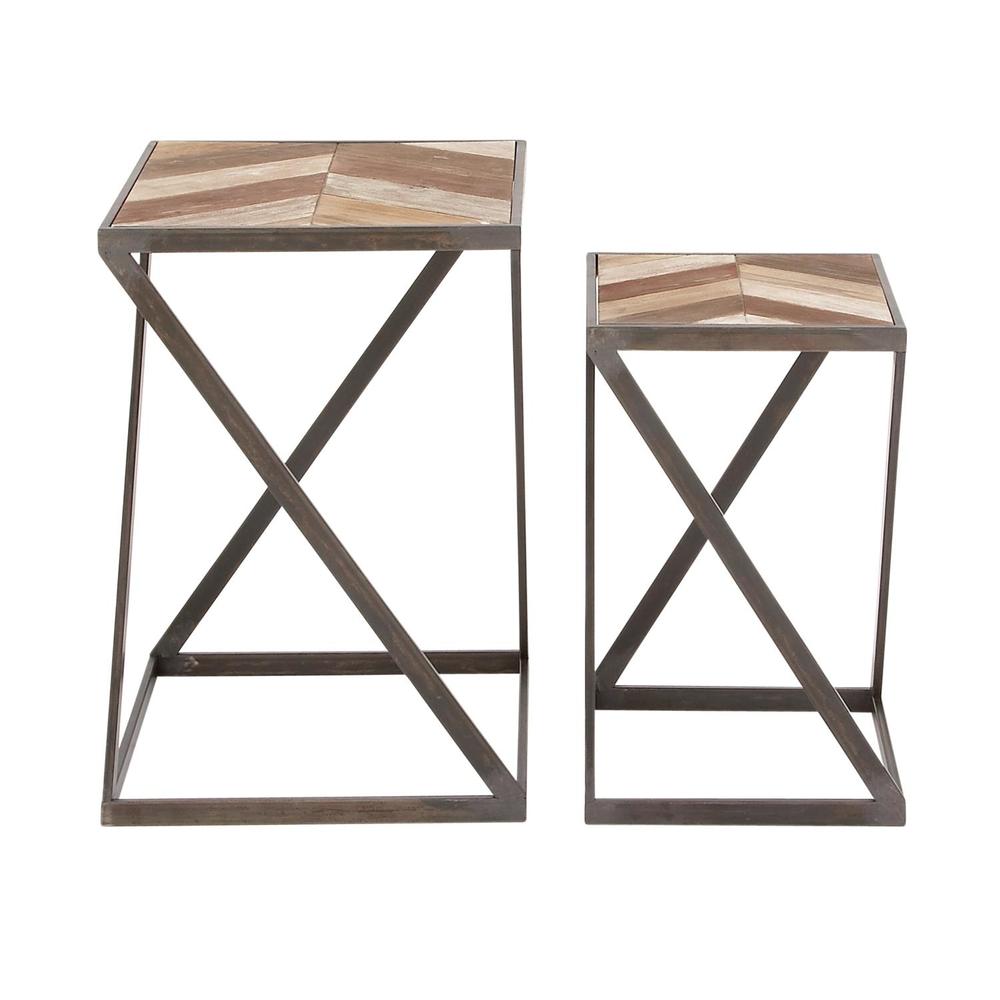 Zimlay Geometric Silver Metal And Parquet Wood Set Of 2 Accent Tables 47939