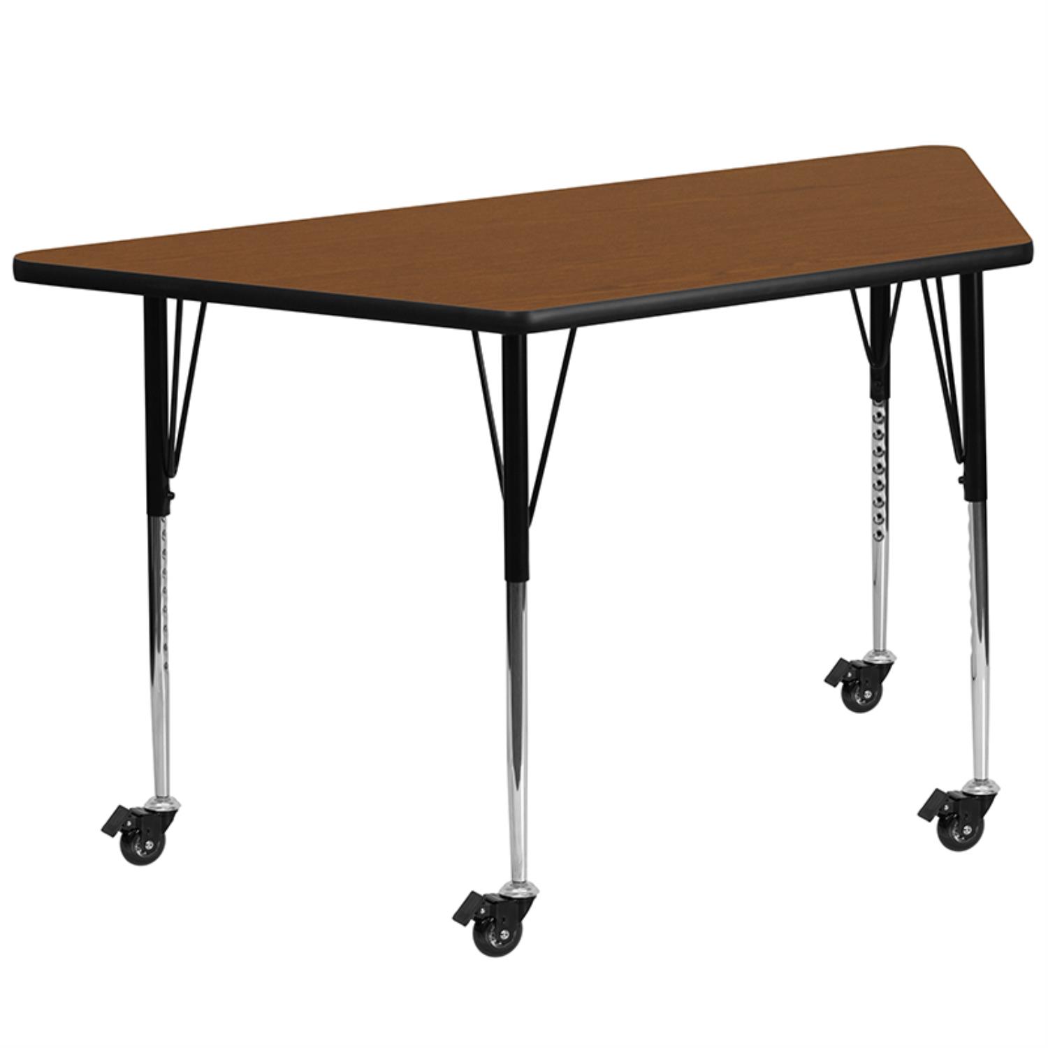 Flash Furniture XU-A3060-TRAP-OAK-H-A-CAS-GG Mobile 30 x 60 in. Trapezoid Oak High Pressure Laminate Activity Table - Standard Height Adjustable