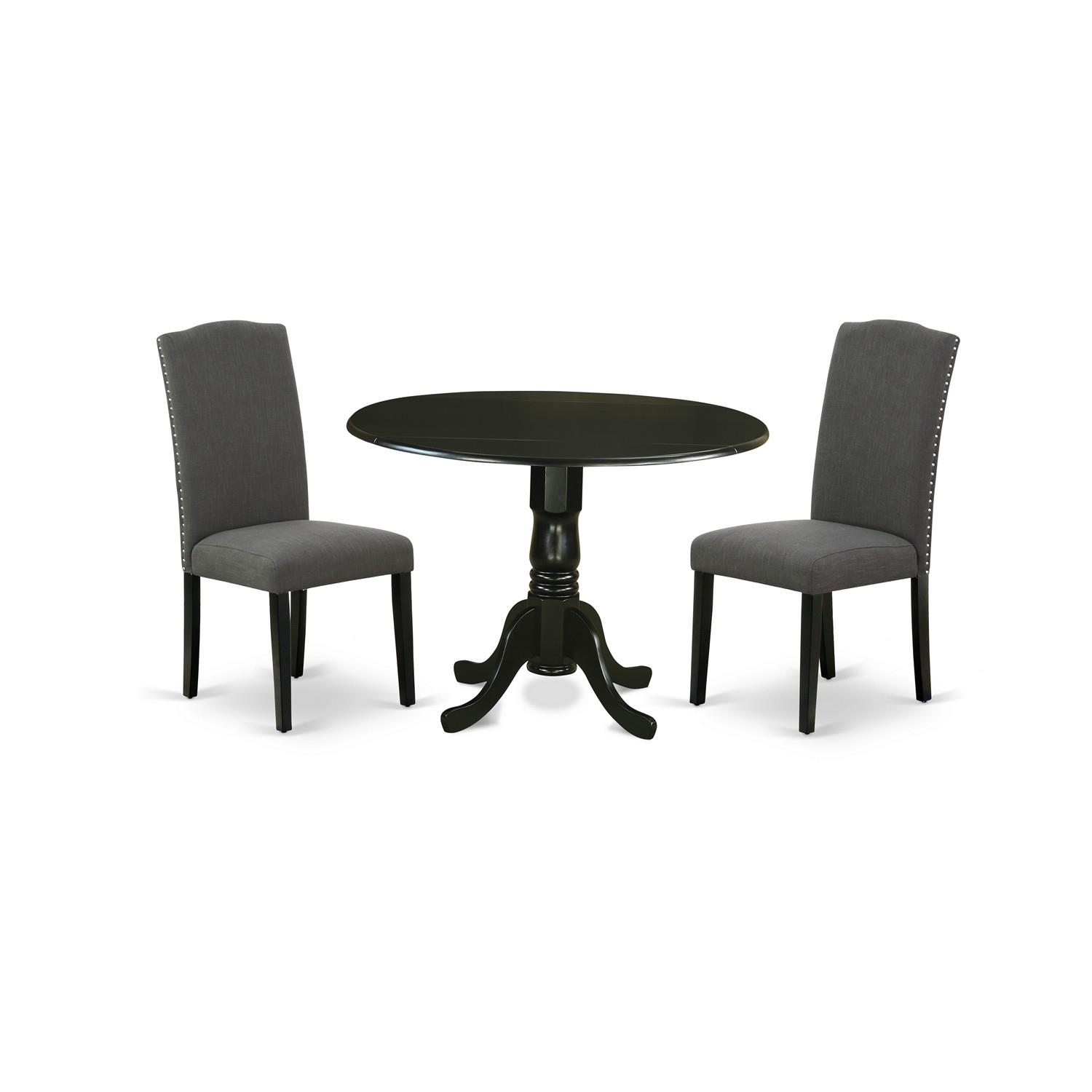 East West Furniture DLEN3-BLK-20 42 in. Dublin Round Dining Table with Two 9 in. Drop Leaves & Two Parson Chair with Black Leg & Linen Fabric - Dark