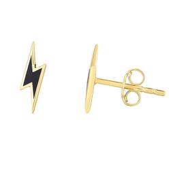 JewelStop 14K Yellow Gold 10x3mm Lightning Bolt Black Enamel Stud Earrings with Butterfly Backings for Women