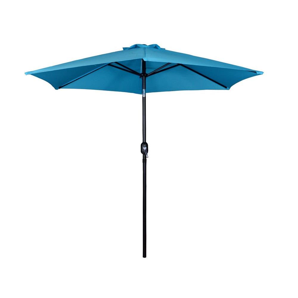 Globe House Products GHP Blue 180D Polyester 9' Patio Umbrella w 2 Black Steel Lounge Chairs