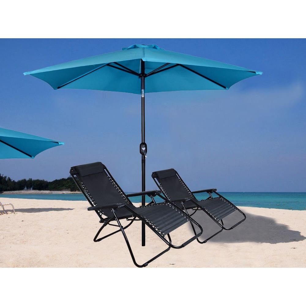 Globe House Products GHP Blue 180D Polyester 9' Patio Umbrella w 2 Black Steel Lounge Chairs