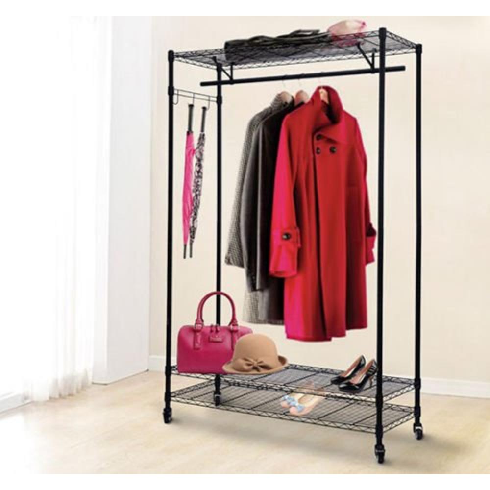 Globe House Products GHP 3-tier Black Rolling Garment Storage Rack Wire Clothing Shelf Organizer