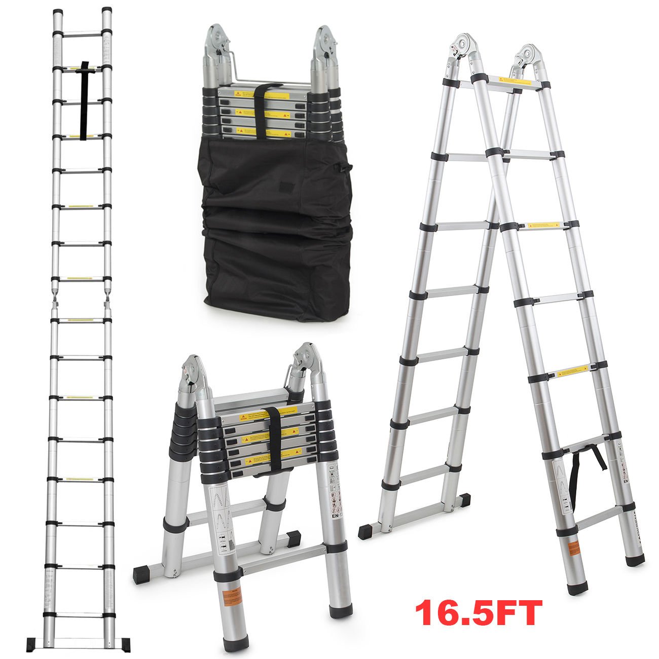 Globe House Products GHP 40.5Lbs 16.5Ft Aluminum A-Type 330Lbs Capacity Telescopic Ladder with Bag