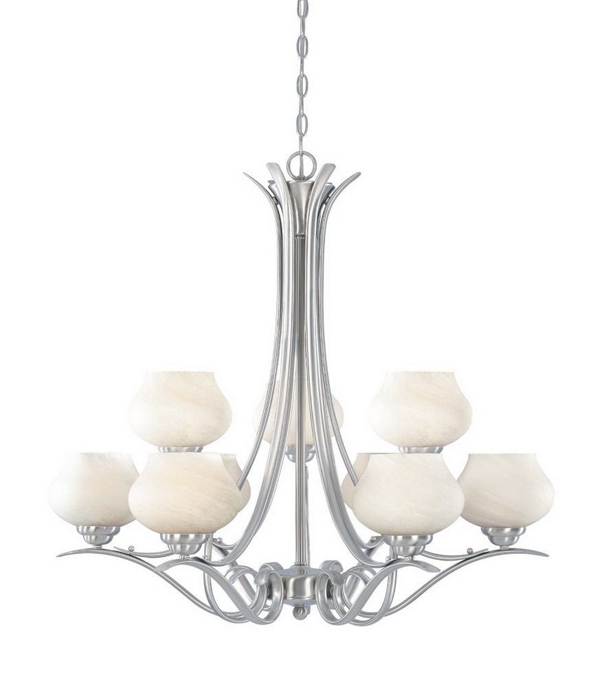 Globe House Products GHP 32.25"x30.25" 9-Light Satin Platinum And French Swirl Alabaster Glass Chandelier