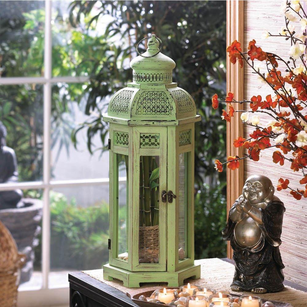 Globe House Products GHP 5-Pack Green Wooden 9" x 7¾" x 22½"H Candle Lanterns w Clear Glass Panels