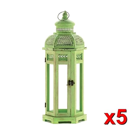 Globe House Products GHP 5-Pack Green Wooden 9" x 7¾" x 22½"H Candle Lanterns w Clear Glass Panels