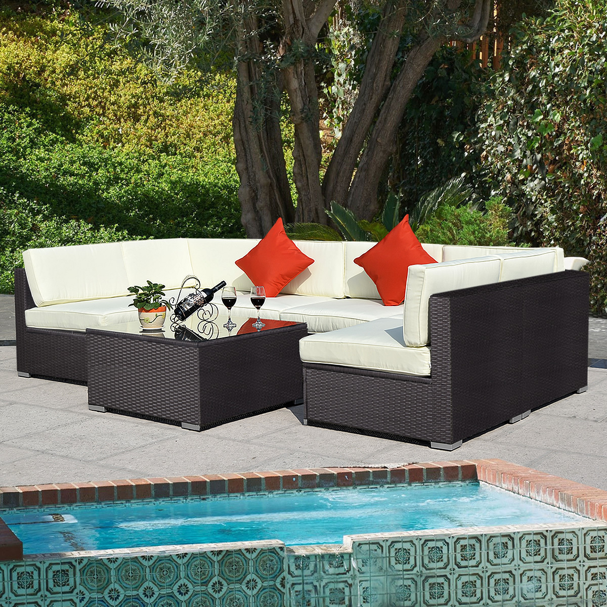 globe house products ghp 7 pcs rattan wicker cushioned sofa tempered glass table top - Sears Patio Furniture globe house products ghp 7 pcs rattan wicker cushioned sofa tempered glass table top - Sears Patio Furniture