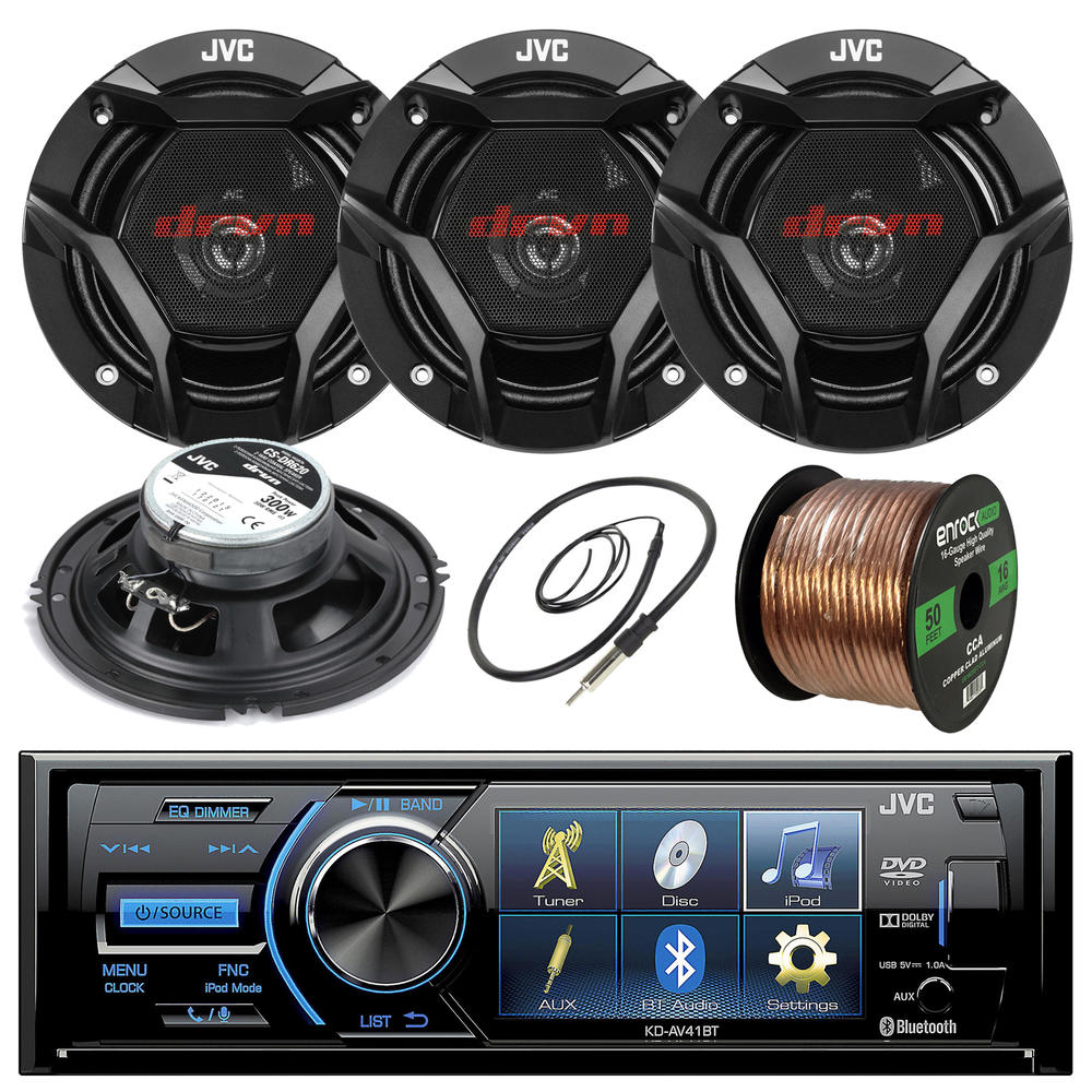 Road Entertainment Car Audio Bundle JVC 3 1-Din Car Receiver With 4 X JVC 300W 6.5 2-Way Coaxial Speakers, Enrock Marine Wire Antenna , Enrock Audio Speaker Wire