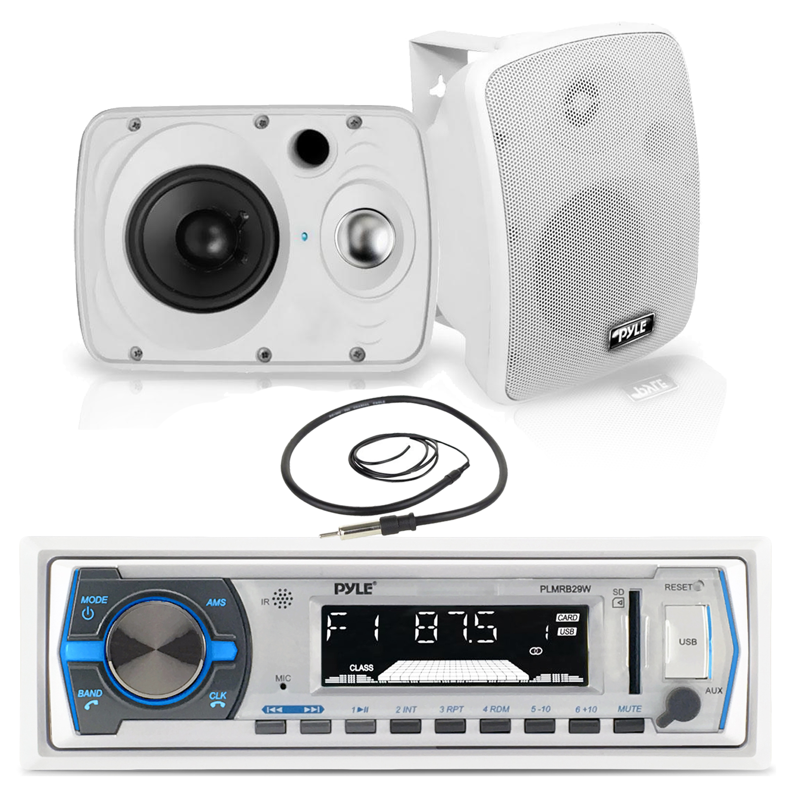 Pyle Audio Bundle Pyle Bluetooth USB Boat 800W Pyle Marine Box  Speakers, Marine Antenna