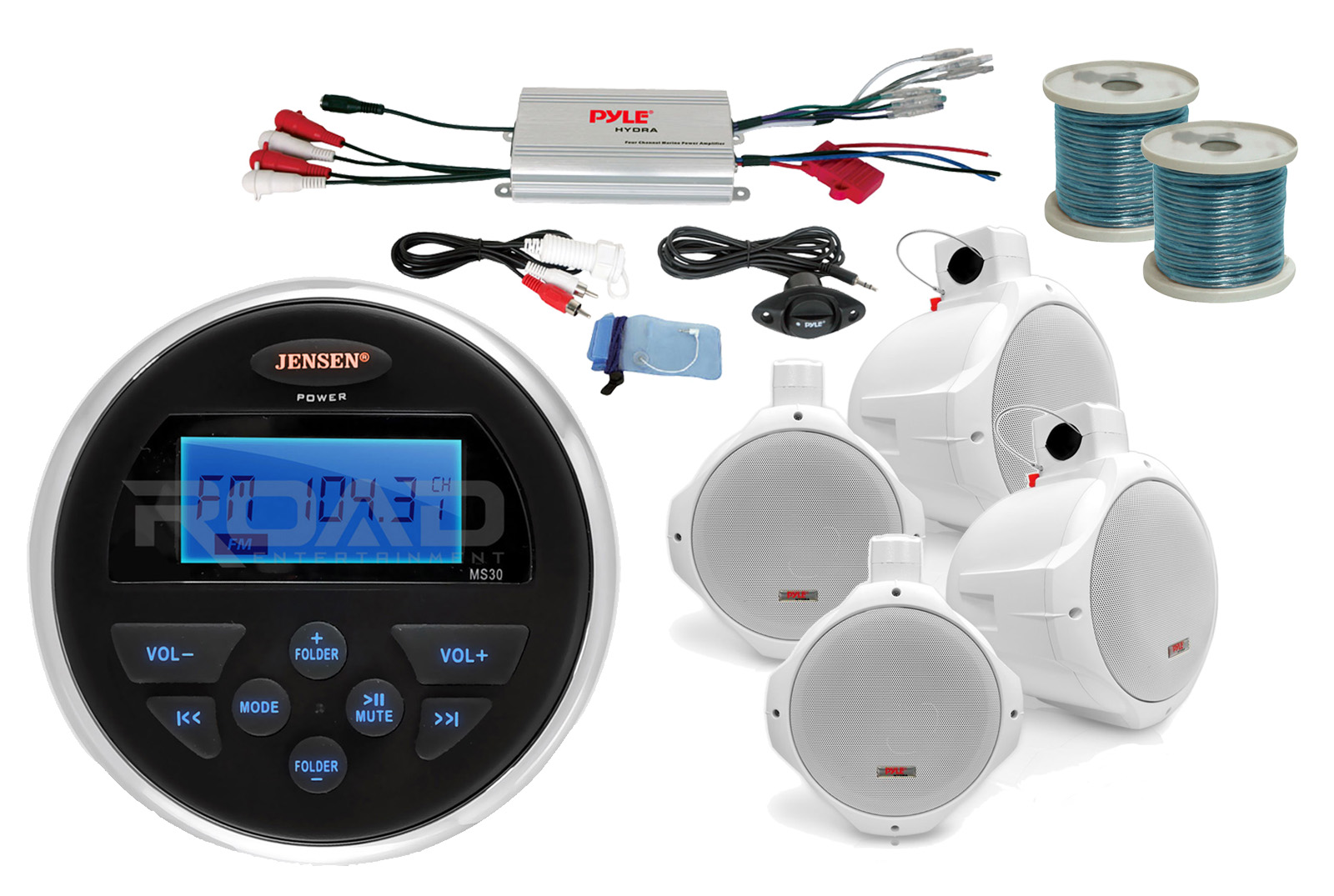 Jensen Marine 8 Wakeboard Speakers w/Wires,MS30 Marine AUX USB Radio