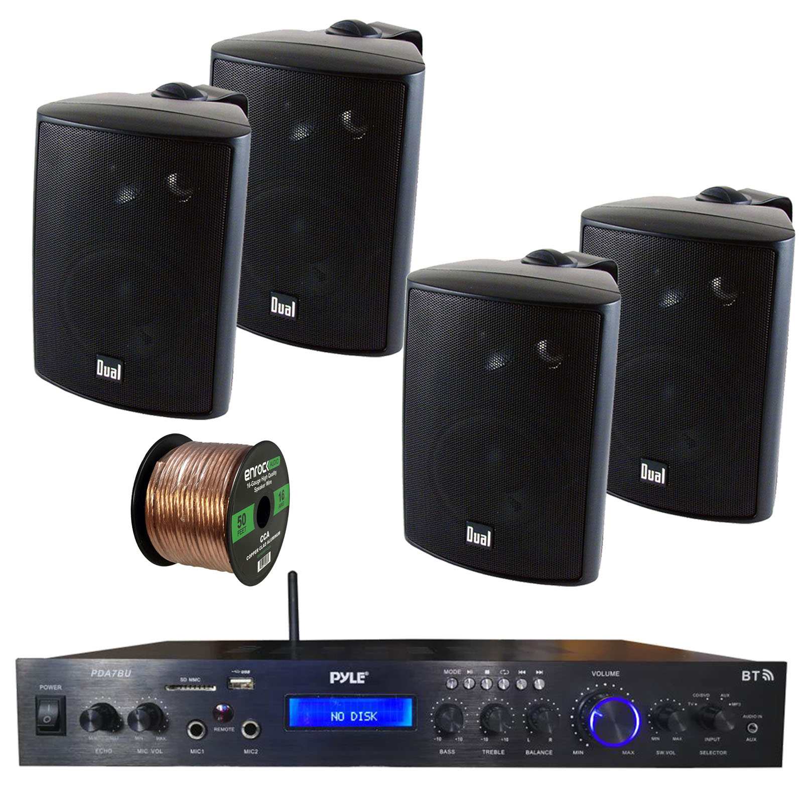 EnrockAudioBundle Home Amplified Bluetooth MP3 Receiver, 4x Indoor Black Speakers, 16-G 50 Ft Wire