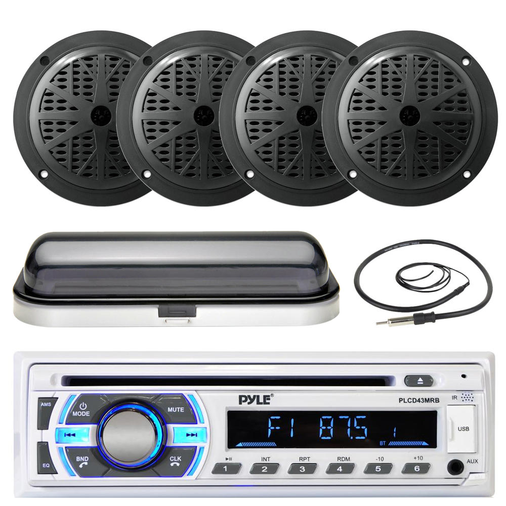 Pyle Audio Bundle 5.25 Marine Black Speakers, Pyle Bluetooth USB AUX Radio, Cover, Radio Antenna