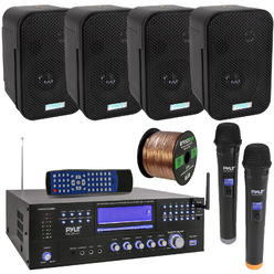 Pyle 3000W Bluetooth USB Home Theater Preamp AM/FM Stereo Receiver System with 2 Wireless Mics - Bundle Combo with 4x 3.5" 300W