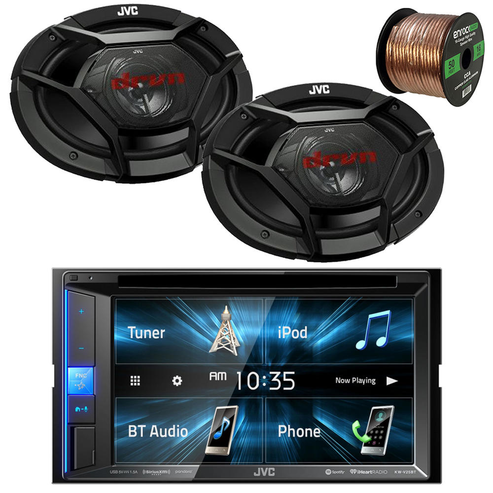 JVC Kenwood JVC KW-V25BT Touchscreen Double-DIN AM/FM Radio Bluetooth USB CD Player Receiver Bundle Combo with 2x 6x9" 3-Way Coaxial 500 Wat