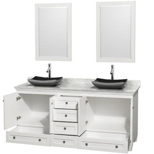 Wyndham collection 72 inch double bathroom vanity in white white carrera marble countertop altair black granite sinks and 24 inch mirrors