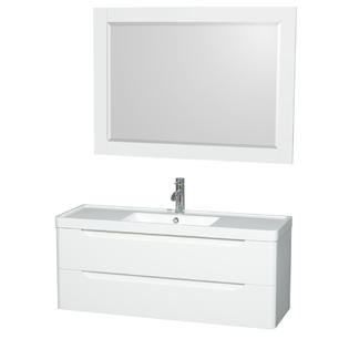 Wyndham collection 48 inch single bathroom vanity in glossy white acrylic resin countertop integrated sink and 46 inch mirror