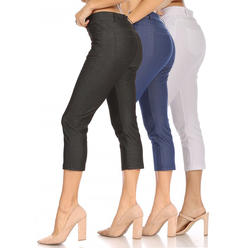 Moa Collection Women's 3 Pack Casual Comfy Slim Pocket Jeggings Jeans Capri Pants