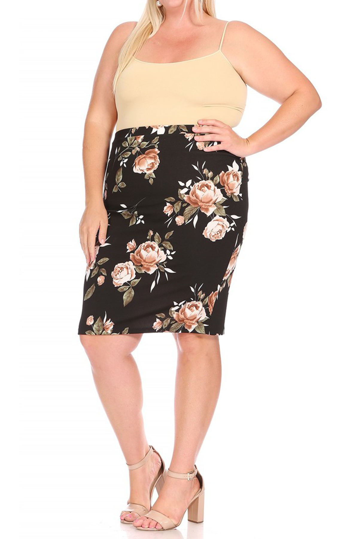 Moa Collection Women's Plus Size Floral Print Knee-Length Fitted Style Pencil Skirt
