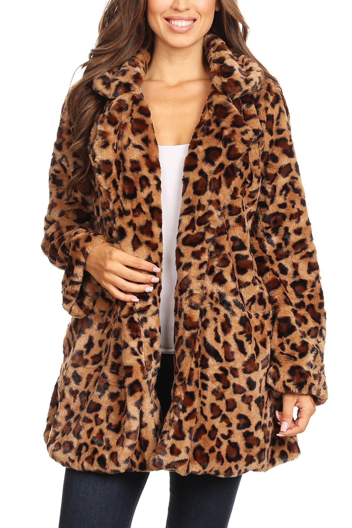 Moa Collection Women's Casual Leopard Printed Faux Fur with Pockets Parka Jacket Outwear