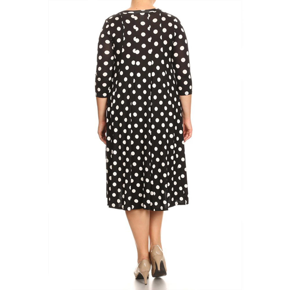 Moa Collection Women's Plus Size Loose Fit Scoop Neck 3/4 Sleeve Polka Dot Patterned A-Line Midi Dress